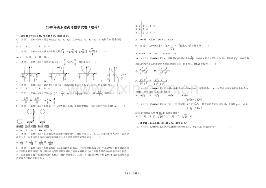 2008年高考真题数学【理】(山东卷)（含解析版）.pdf_第1页