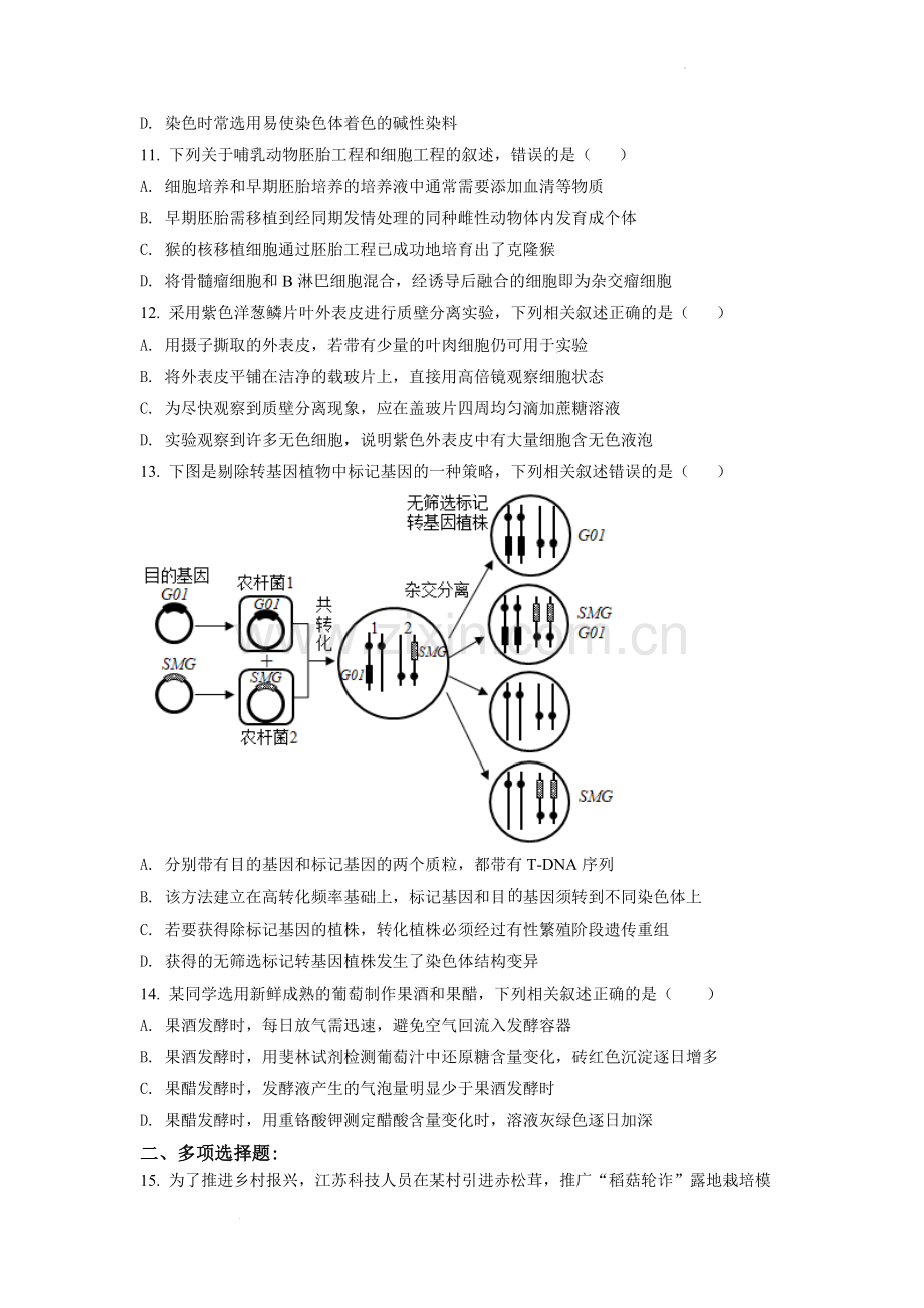 题目2021年新高考江苏生物高考真题（原卷版）.docx_第3页