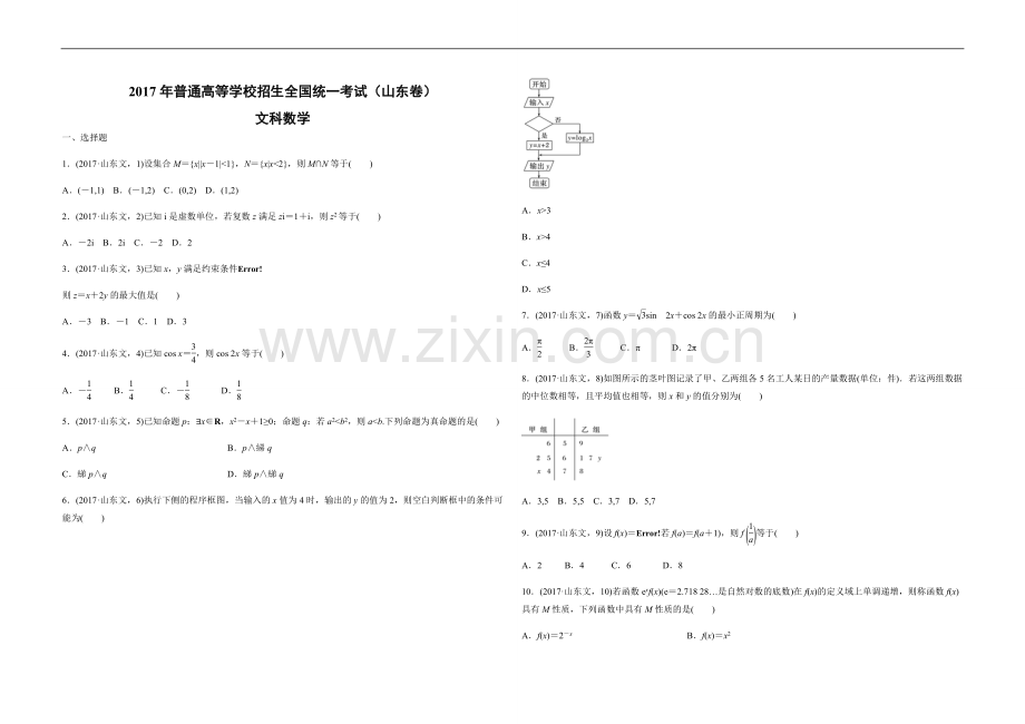 2017年高考真题数学【文】(山东卷)（原卷版).pdf_第1页