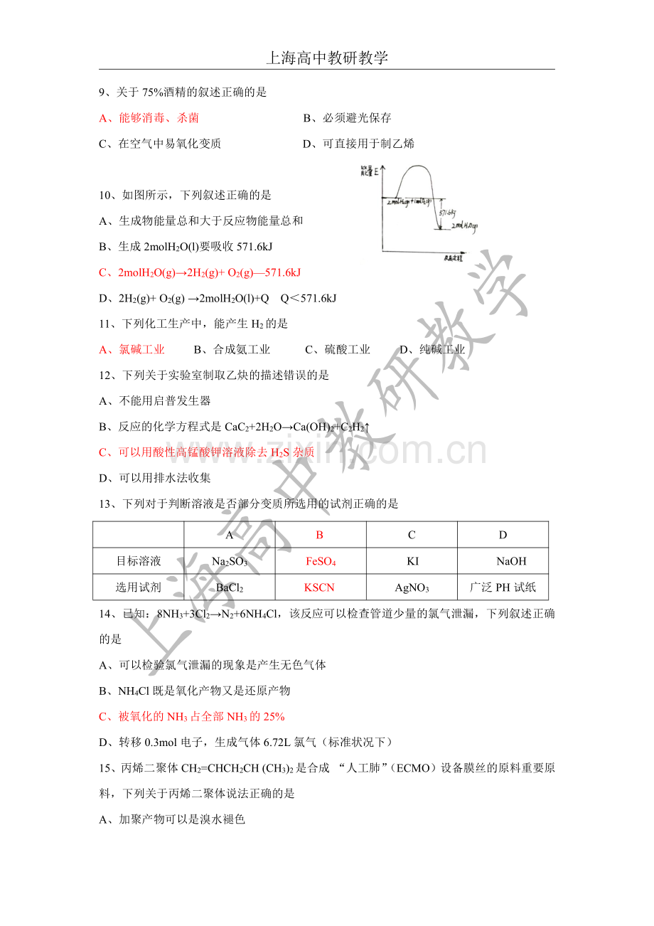 2020年上海市高考化学试题(回忆版).pdf_第2页