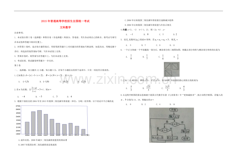 2015年海南省高考数学试题及答案（文科）.pdf_第1页