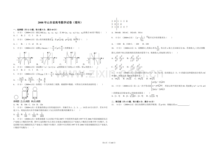 2008年高考真题数学【理】(山东卷)（含解析版）.doc_第1页