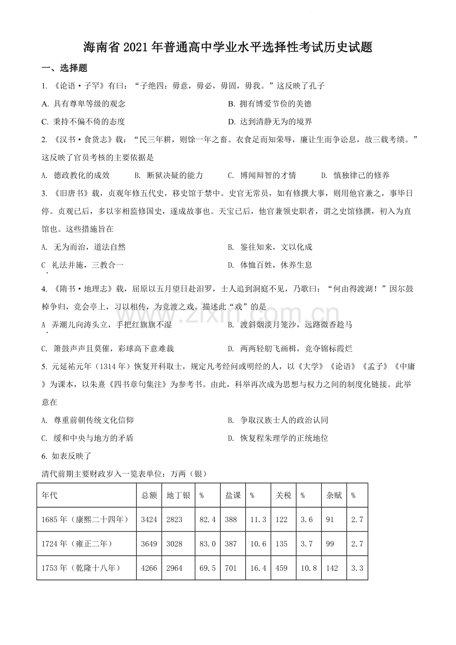 题目2021年新高考海南历史高考真题（原卷版）.doc_第1页