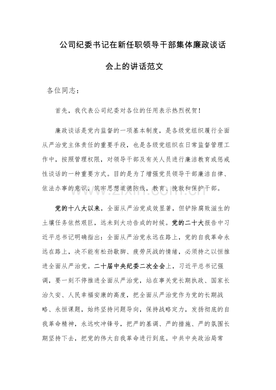 公司纪委书记在新任职领导干部集体廉政谈话会上的讲话范文.docx_第1页