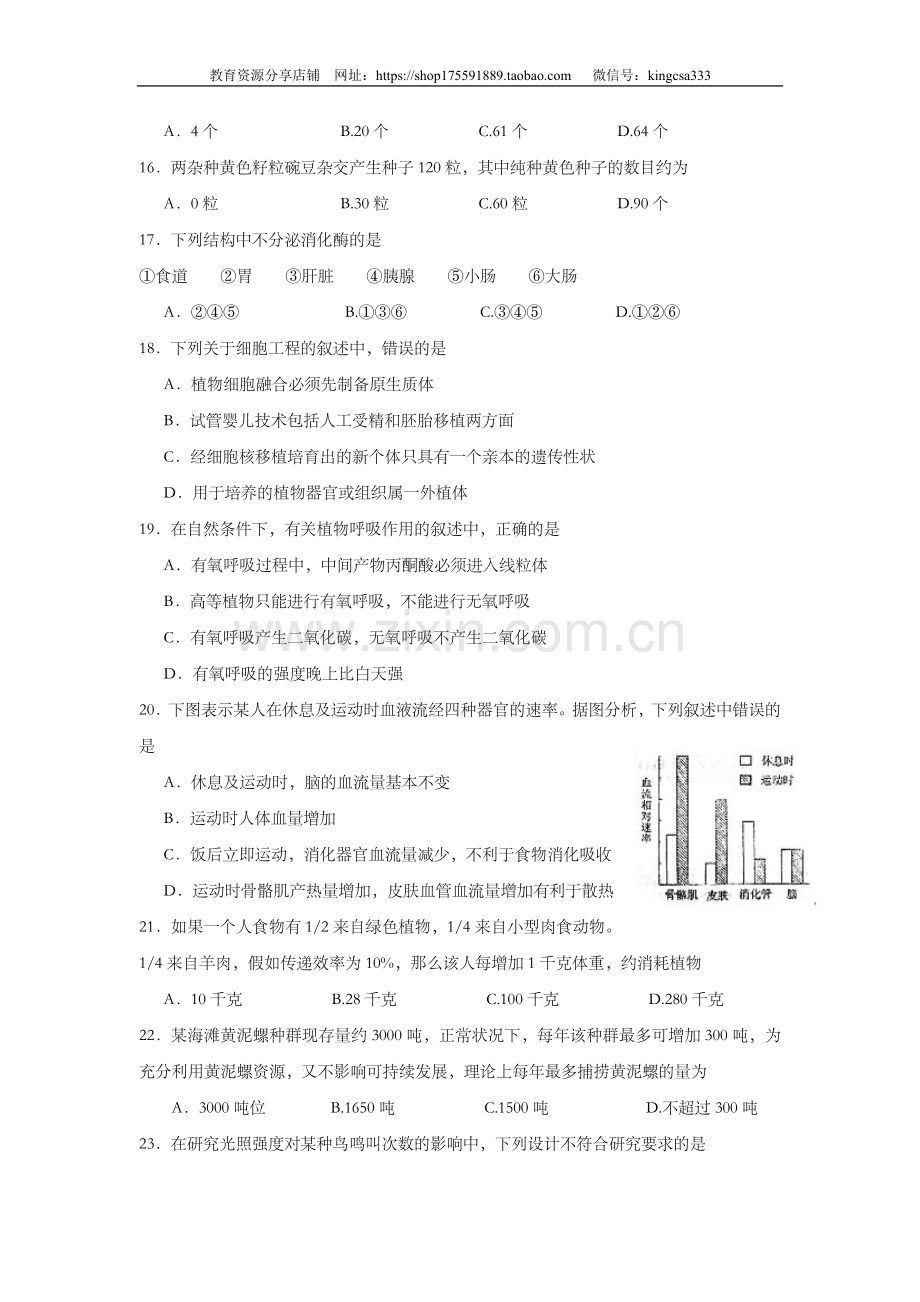 2004年上海市高中毕业统一学业考试生物试卷（原卷版）.doc_第3页