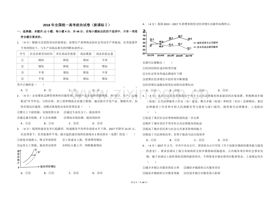 2018年全国统一高考政治试卷（新课标ⅰ）（含解析版）.pdf_第1页