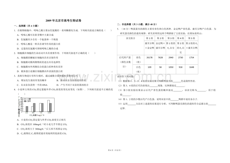 2009年北京市高考生物试卷（原卷版）.pdf_第1页