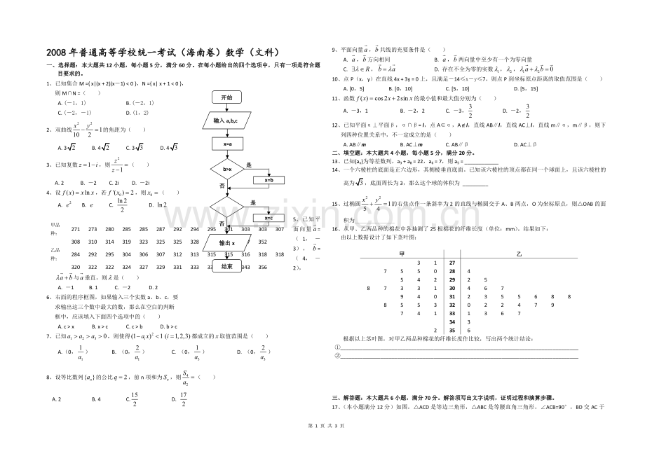 2008年海南省高考数学（原卷版）（文科）.pdf_第1页