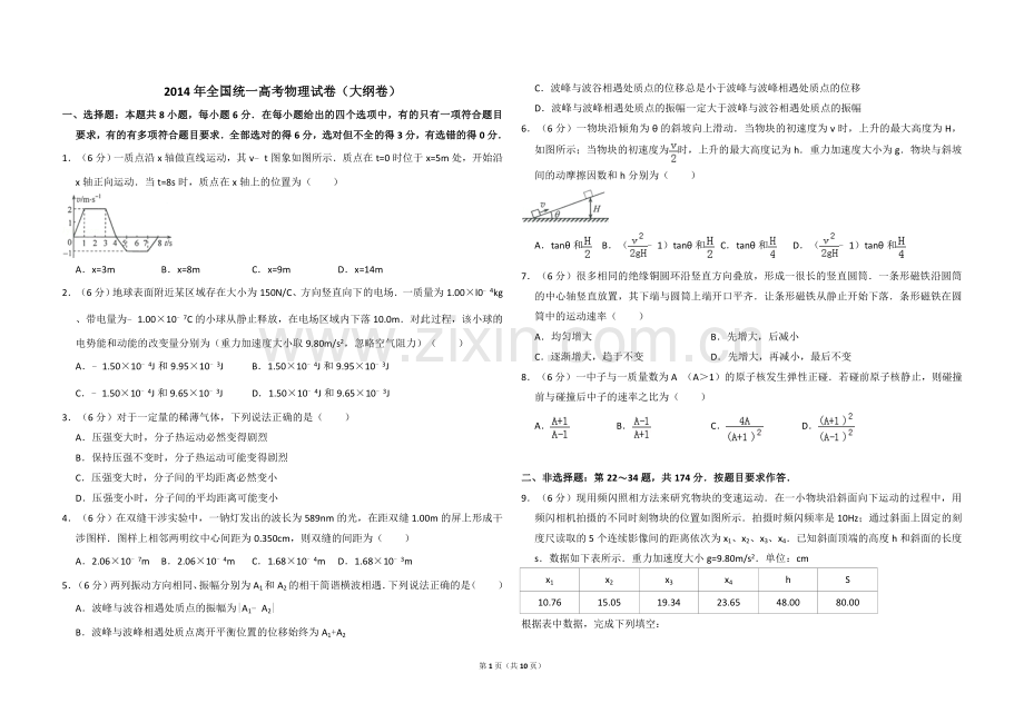 2014年全国统一高考物理试卷（大纲卷）（含解析版）.doc_第1页