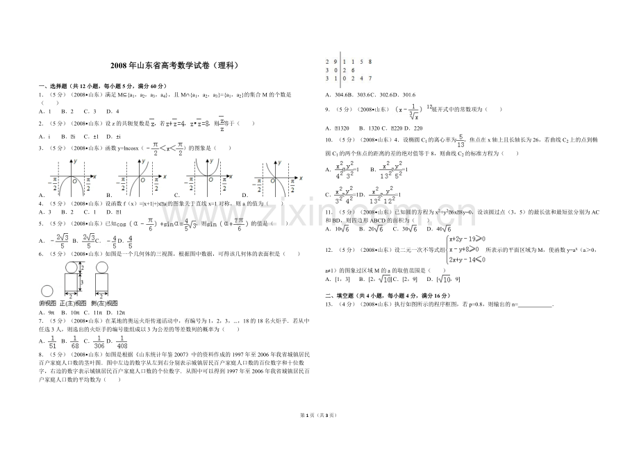 2008年高考真题数学【理】(山东卷)（原卷版）.pdf_第1页
