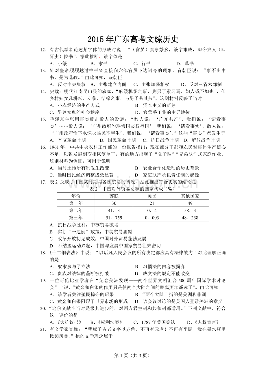 2015年广东高考历史（原卷版）.pdf_第1页