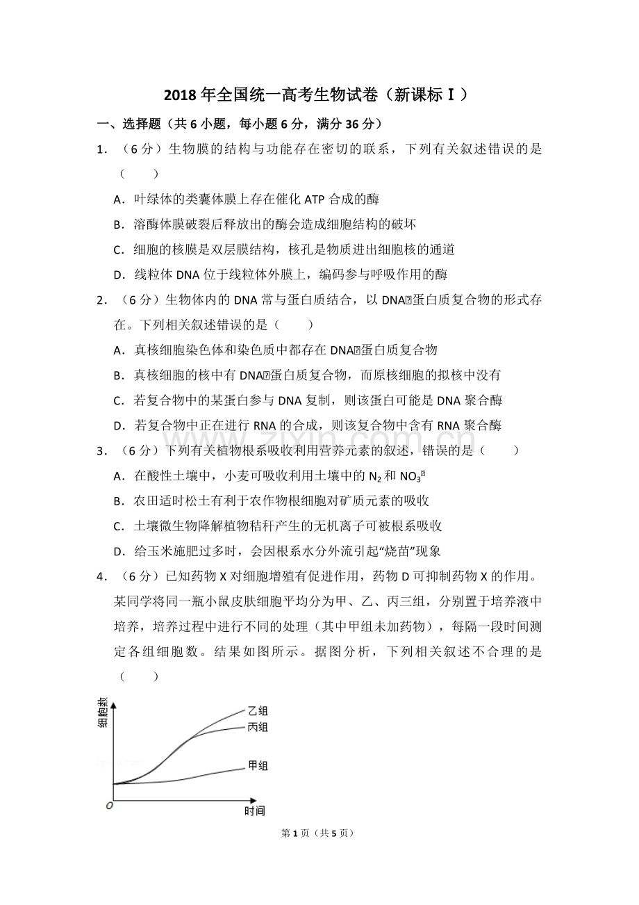 2018年高考真题 生物(山东卷)（原卷版）.pdf_第1页