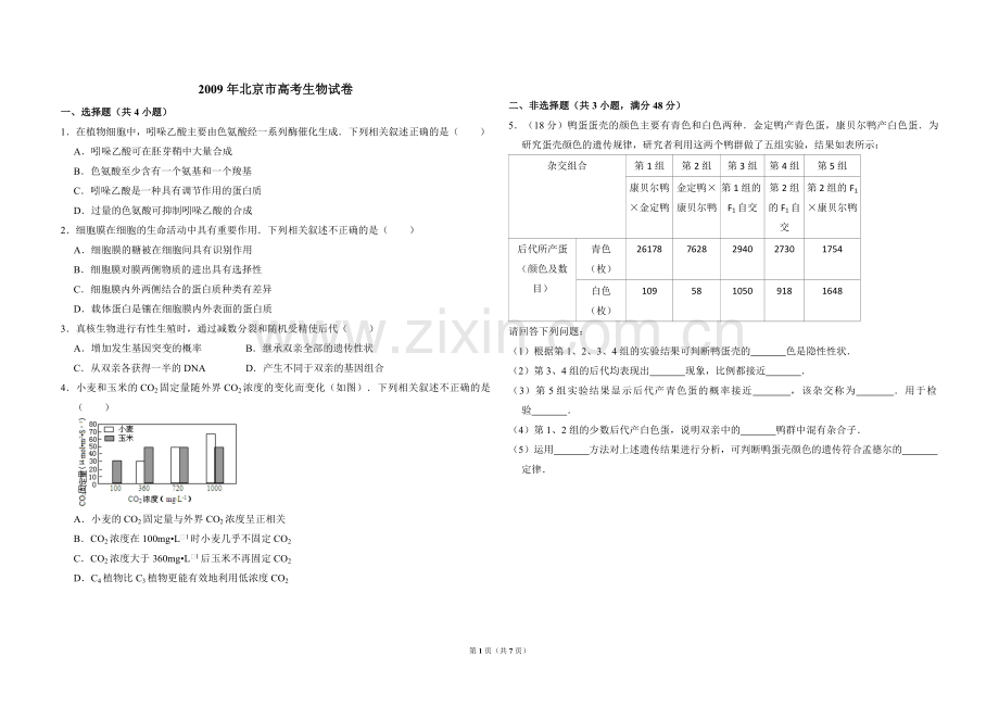 2009年北京市高考生物试卷（含解析版）.pdf_第1页