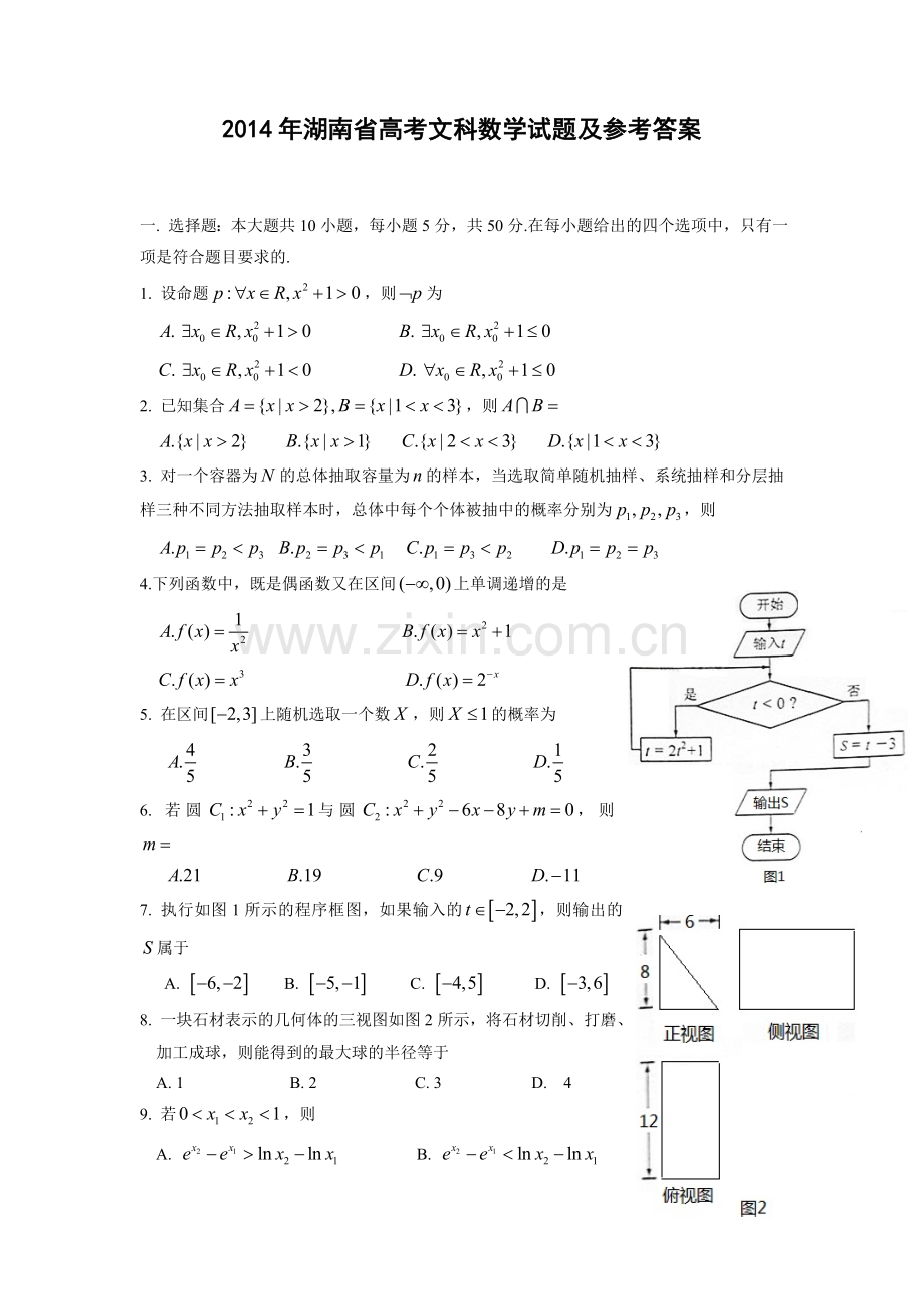 2014年湖南高考文科数学试题及答案word版.doc_第1页