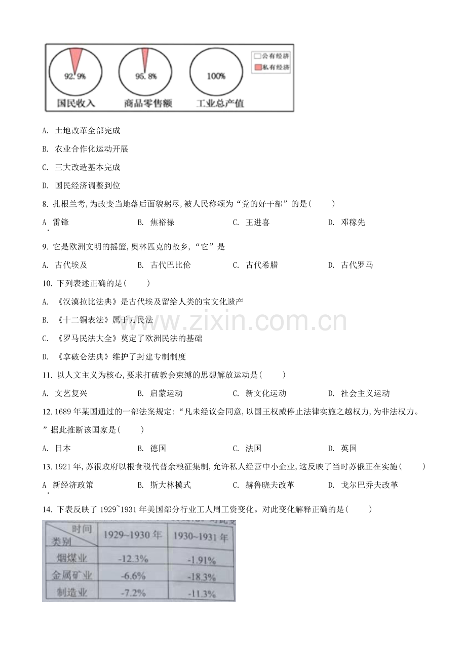 题目2021年湖南省湘潭市中考历史试题（原卷版）.doc_第2页