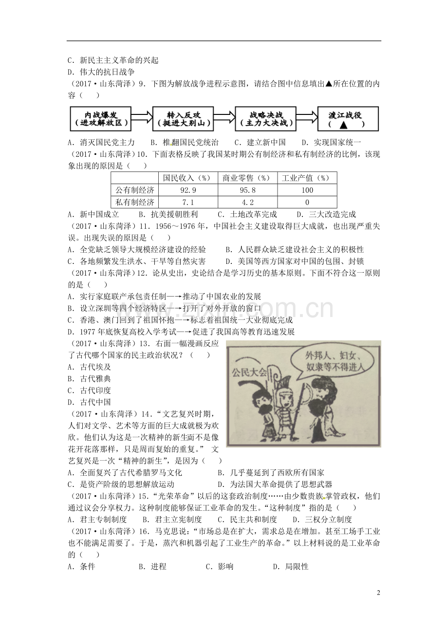 山东省菏泽市2017年中考历史真题试题（含答案）.doc_第2页