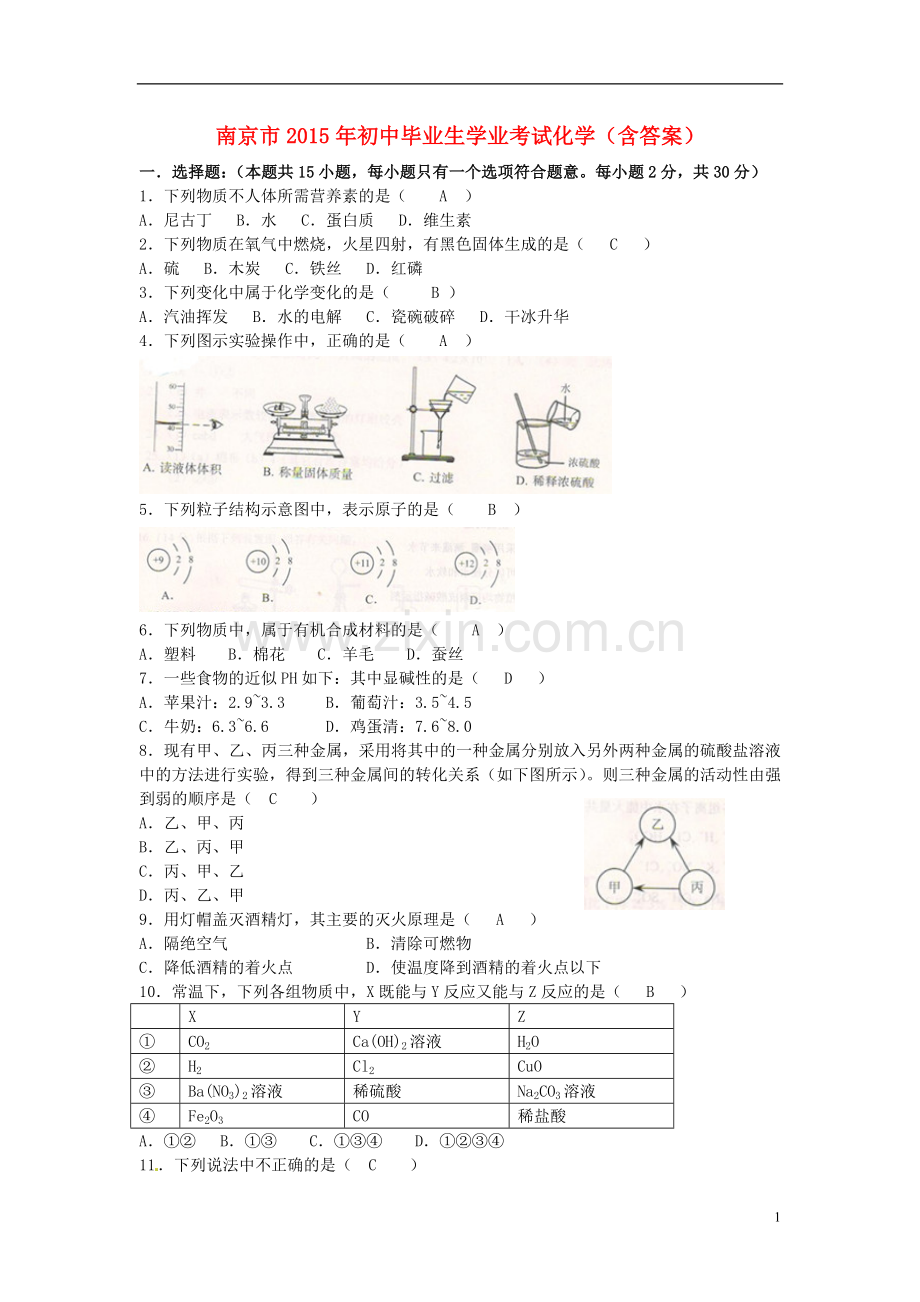 江苏省南京市2015年中考化学真题试题（含答案）.doc_第1页