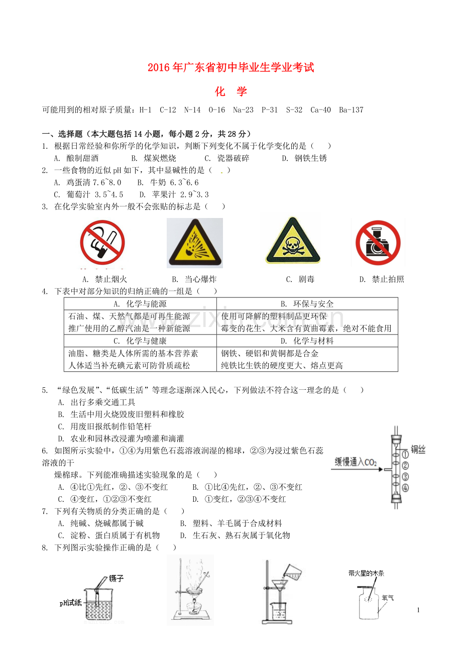 广东省2016年中考化学真题试题（含答案）.DOC_第1页