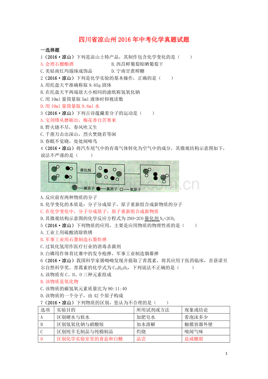 四川省凉山州2016年中考化学真题试题（含答案）.DOC_第1页