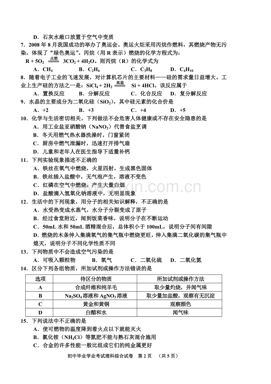 2009年长沙中考化学试题及答案.doc_第2页