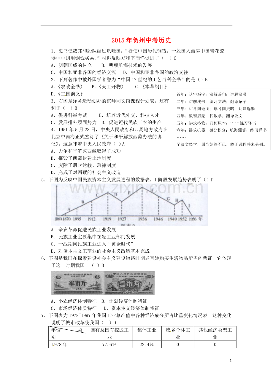 广西贺州市2015年中考历史真题试题（含答案）.doc_第1页