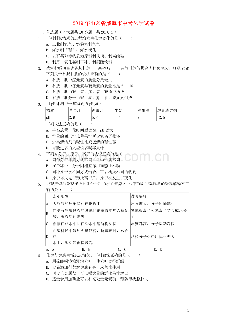 山东省威海市2019年中考化学真题试题（含解析）.docx_第1页