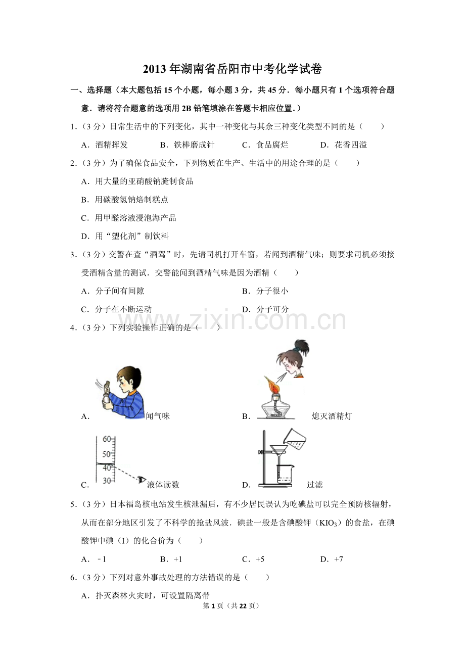 2013年湖南省岳阳市中考化学试卷（含解析版）.doc_第1页