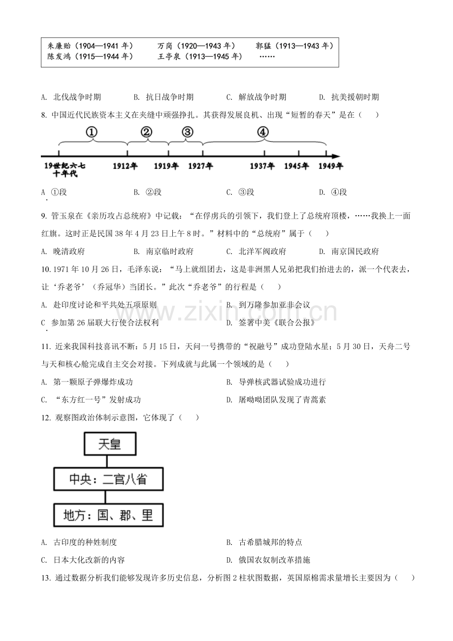 2021年江苏省盐城市中考历史试题（原卷版）.doc_第2页