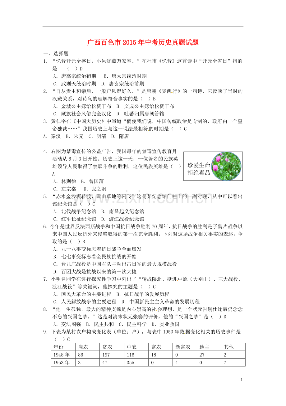 广西百色市2015年中考历史真题试题（含答案）.doc_第1页