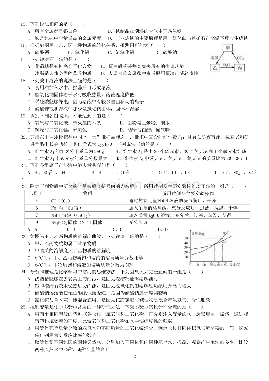 2016年苏州市中考化学试卷及答案.doc_第2页