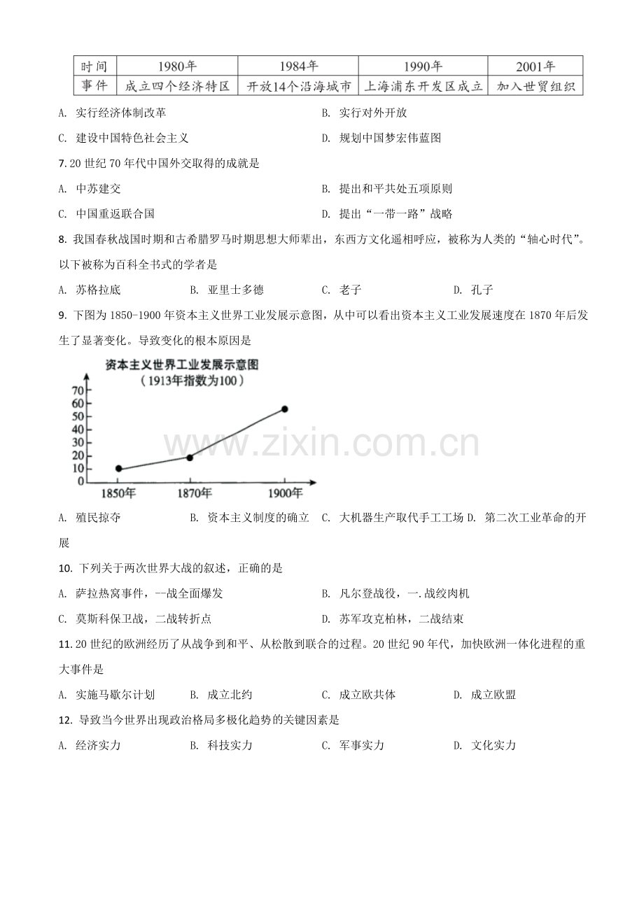 湖北省鄂州市2021年中考历史试题（原卷版）.doc_第2页