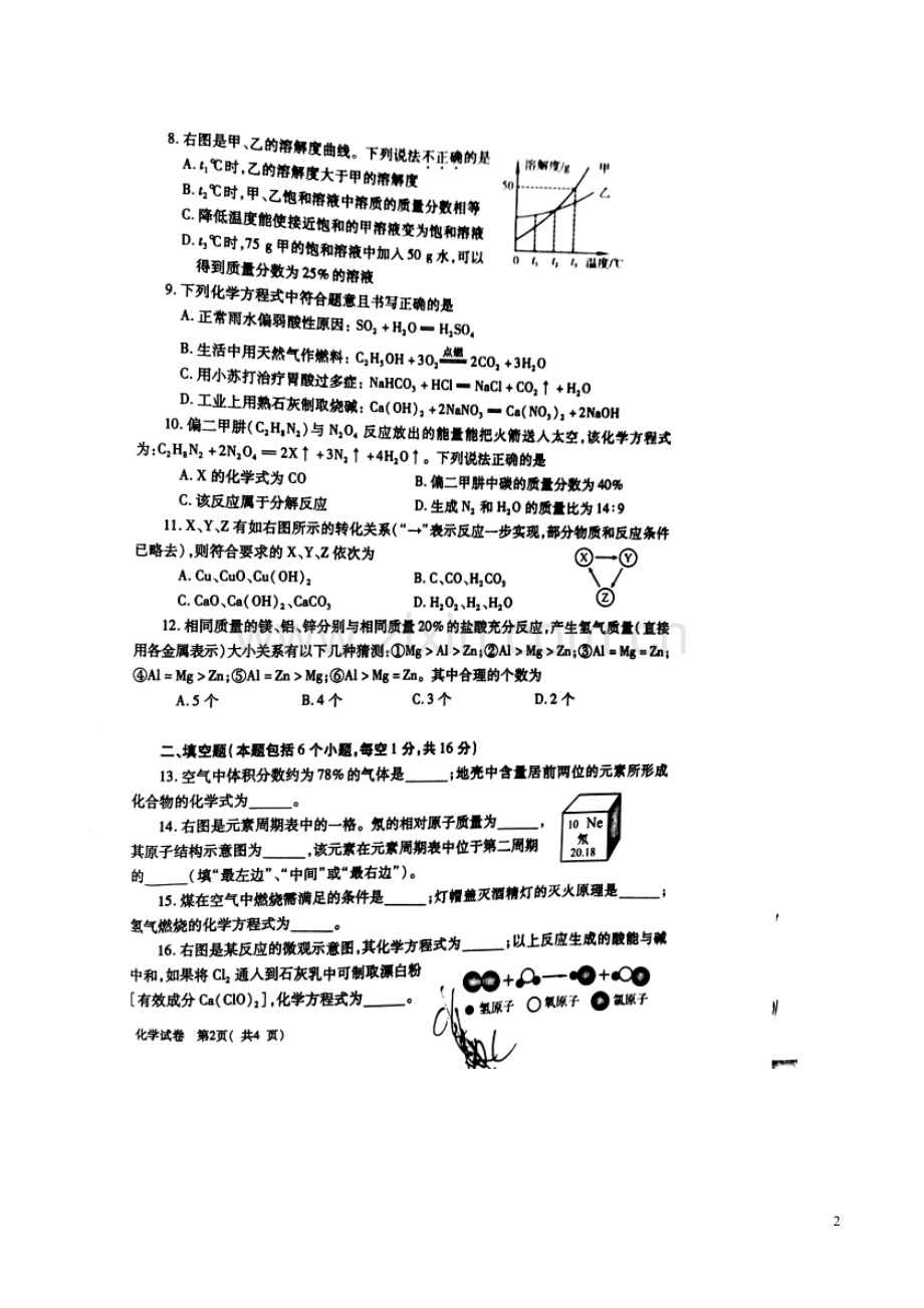 河南省2016年中考化学真题试题（扫描版含答案）.DOC_第2页