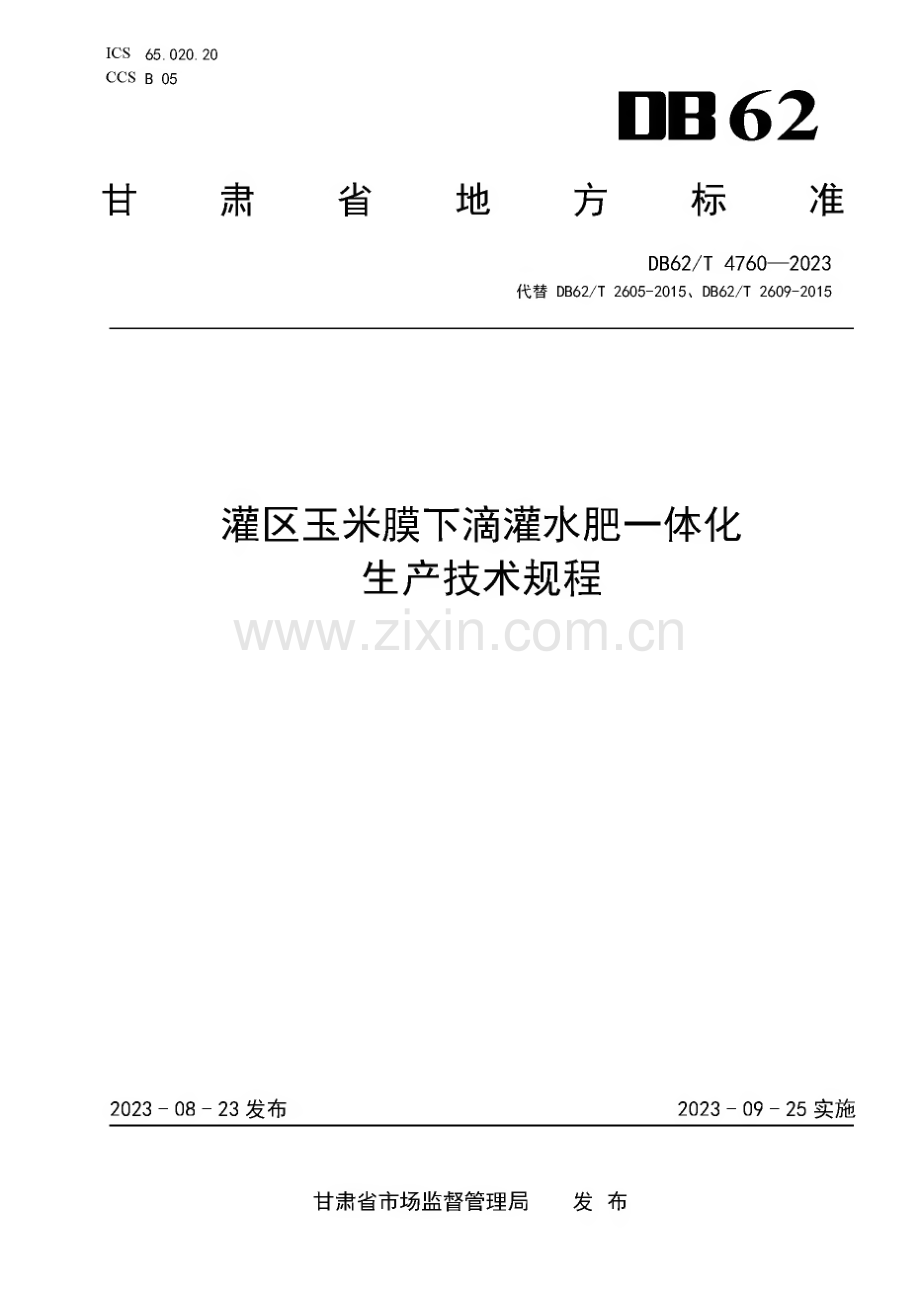 DB62∕T 4760-2023 灌区玉米膜下滴灌水肥一体化生产技术规程(甘肃省).pdf_第1页