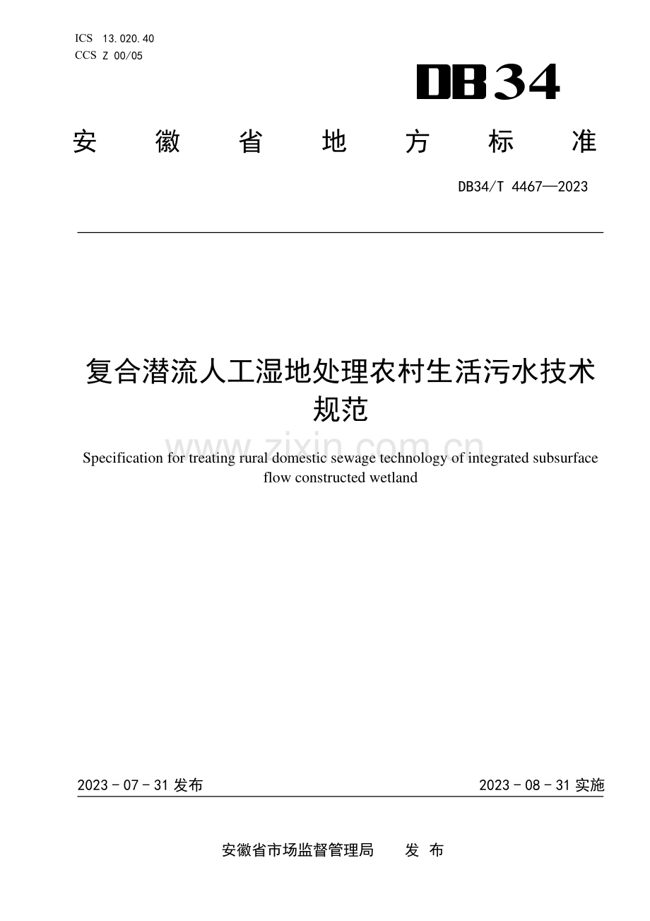 DB34∕T 4467-2023 复合潜流人工湿地处理农村生活污水技术规范(安徽省).pdf_第1页