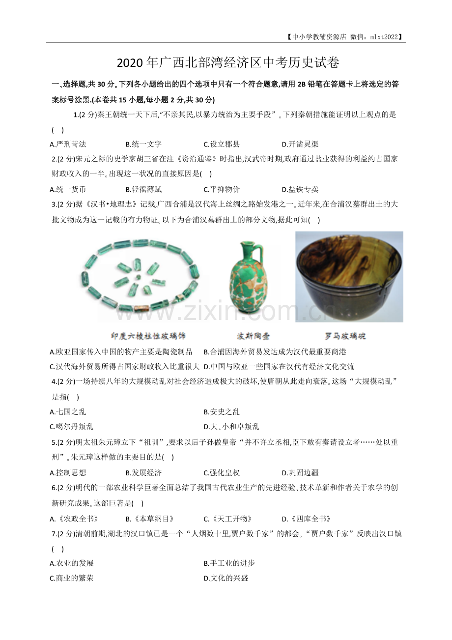 2020年广西北部湾经济区中考历史试卷（word版含解析）.docx_第1页