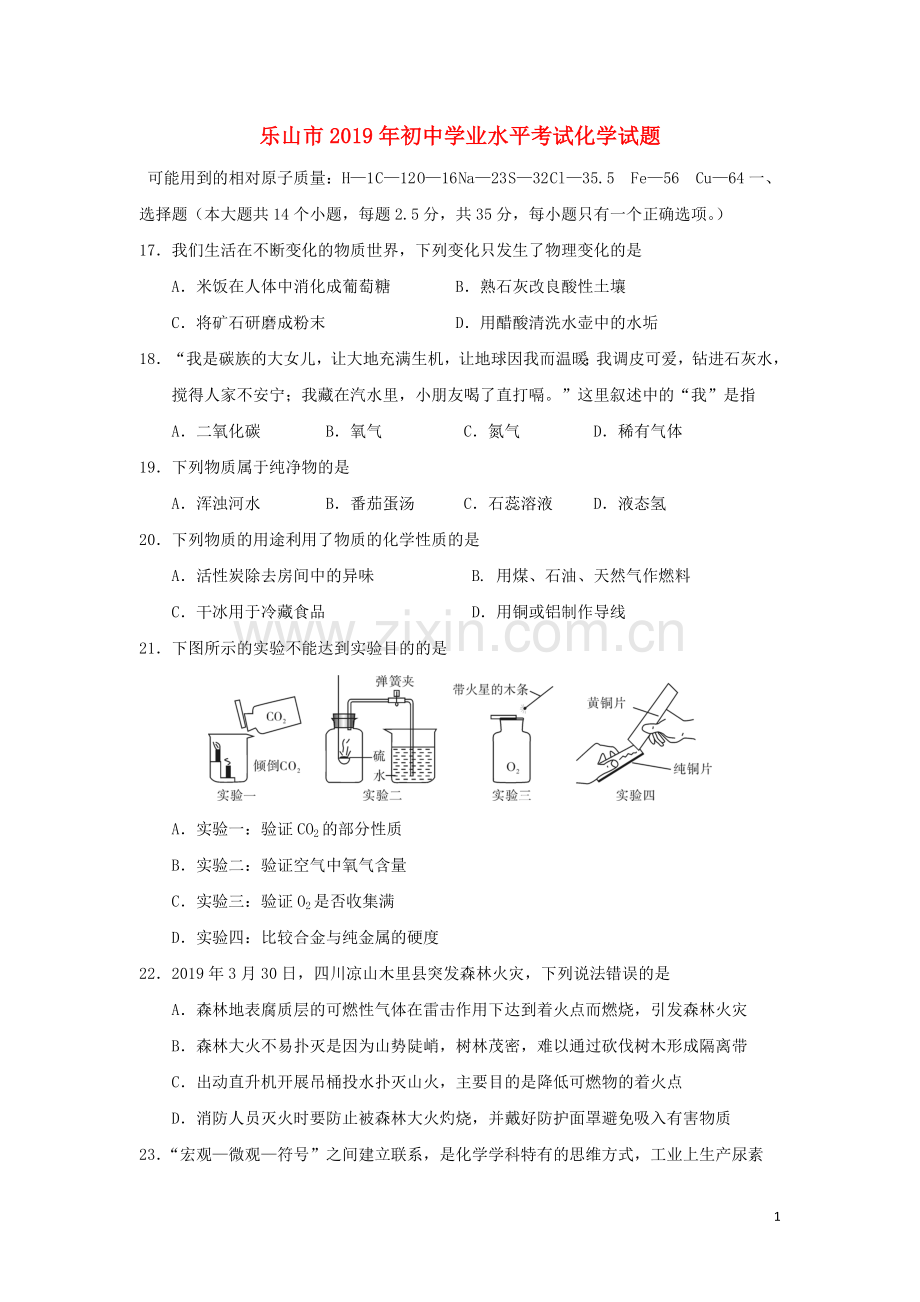 四川省乐山市2019年中考化学真题试题.doc_第1页