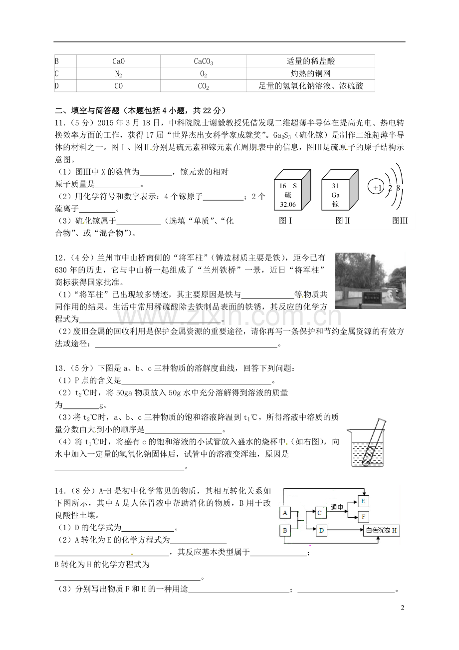 甘肃省武威市、白银市、定西市、平凉市、酒泉市、临夏州2015年中考化学真题试题（含答案）.doc_第2页