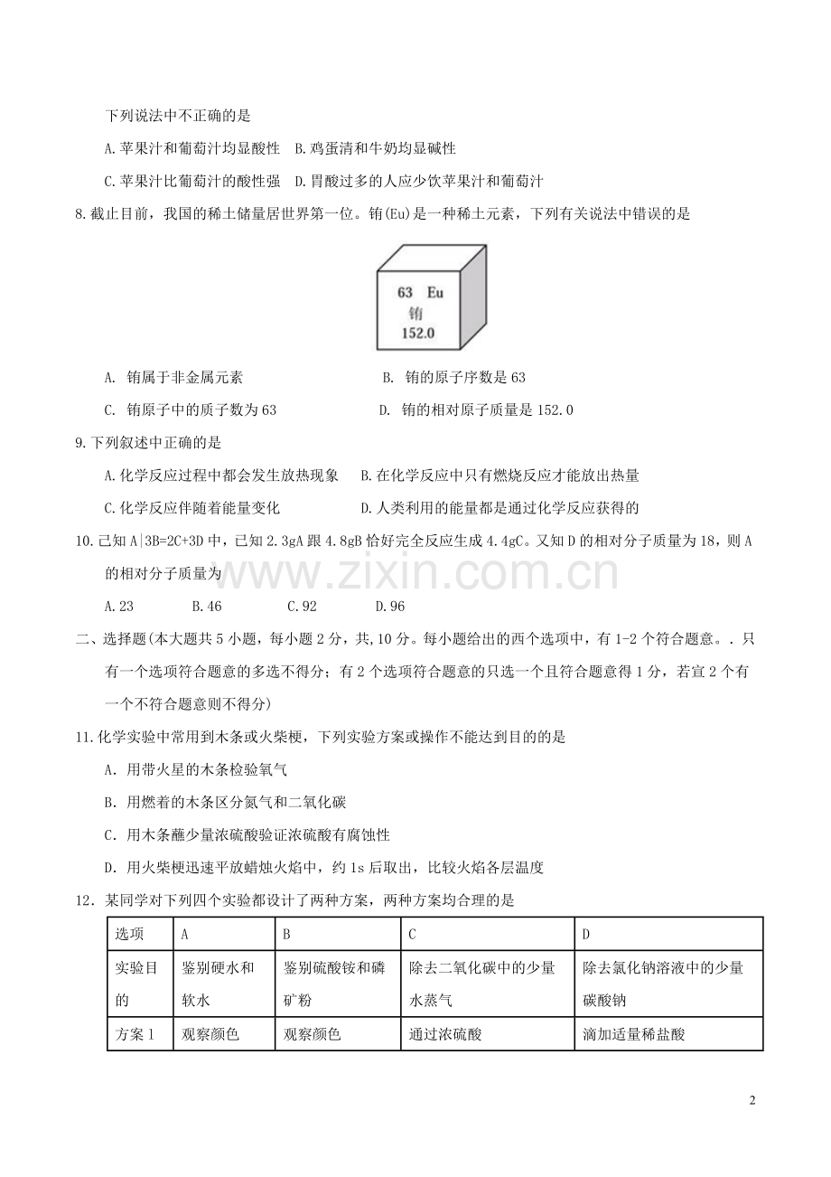 天津市2017年中考化学真题试题（含答案）.DOC_第2页