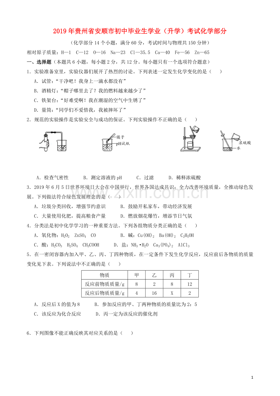 贵州省安顺市2019年中考化学真题试题（含解析）.doc_第1页