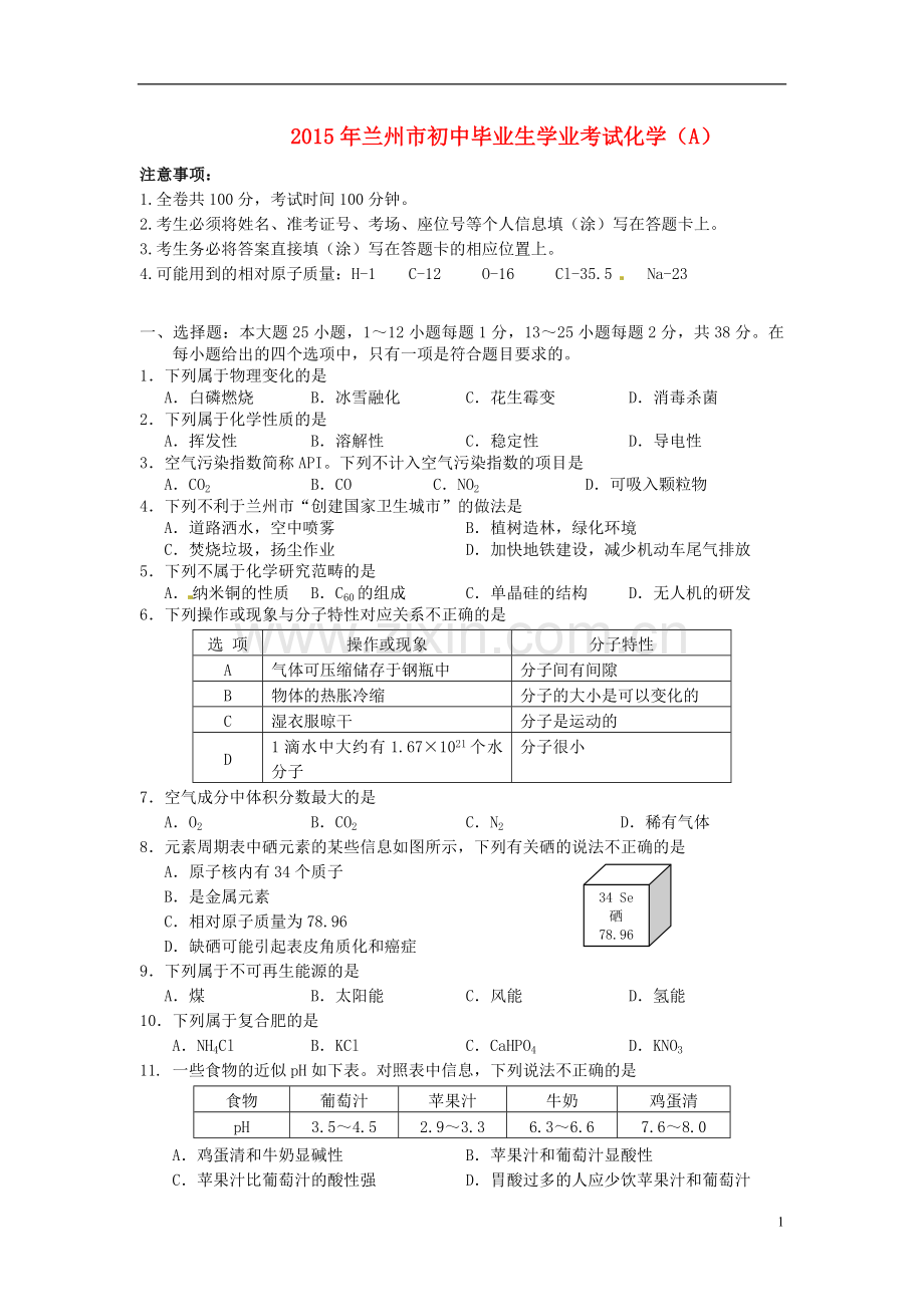 甘肃省兰州市2015年中考化学真题试题（含答案）.doc_第1页