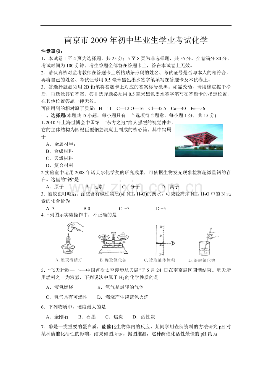 2009年南京中考化学试题及答案.doc_第1页