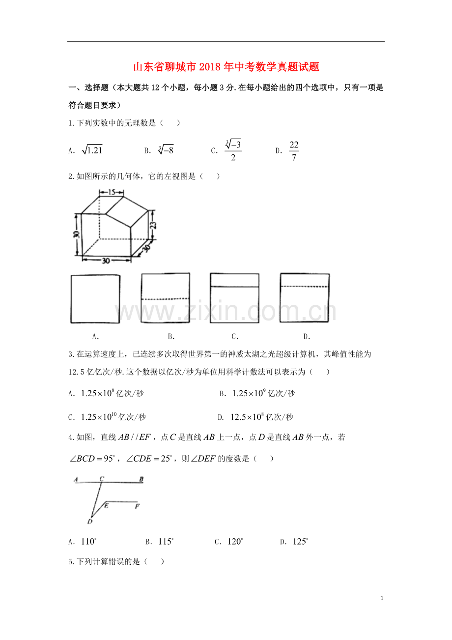 山东省聊城市2018年中考数学真题试题（含扫描答案）.doc_第1页