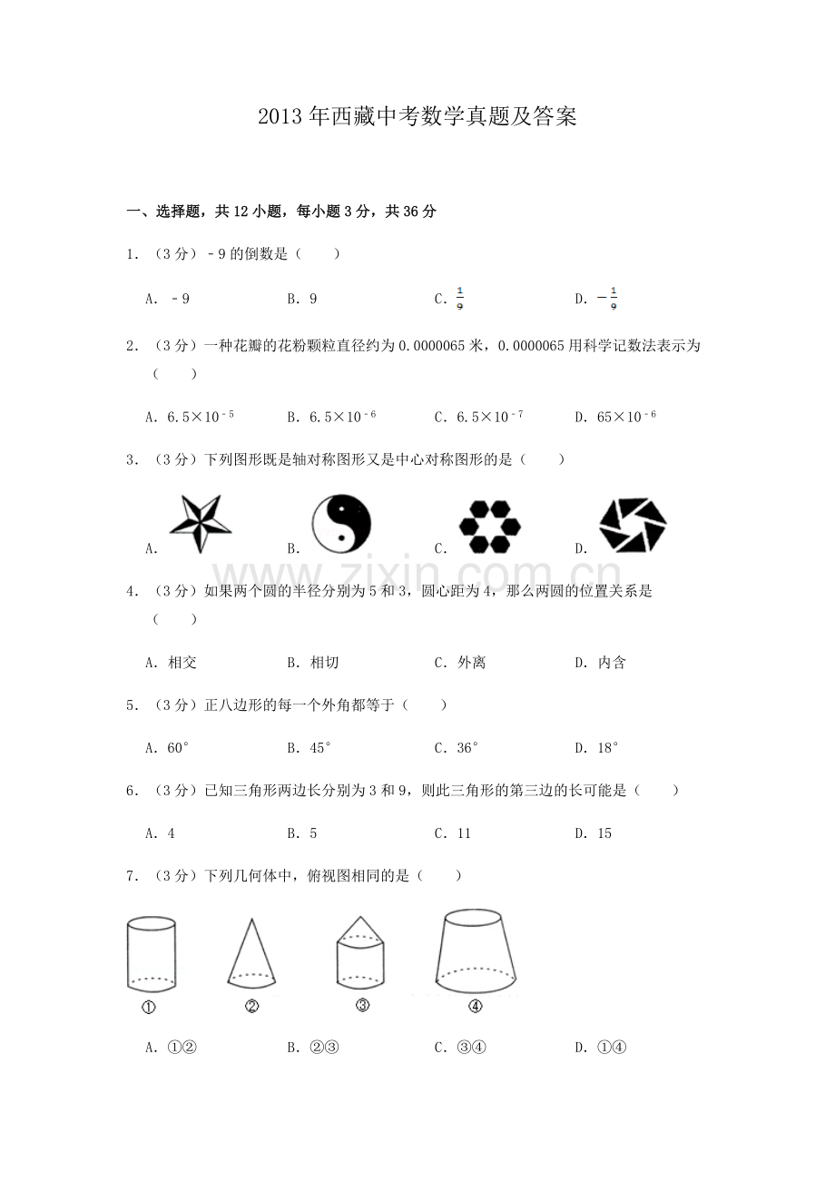 2013年西藏中考数学真题及解析.doc_第1页