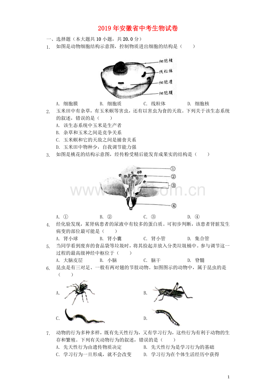 安徽省2019年中考生物真题试题（含解析）.docx_第1页