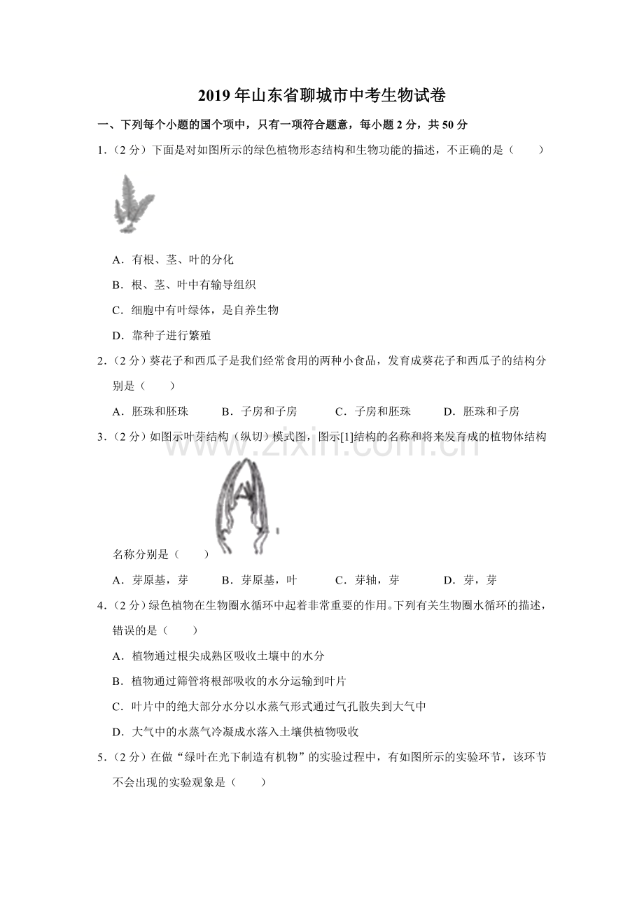 2019年聊城市中考生物试卷及答案.doc_第1页