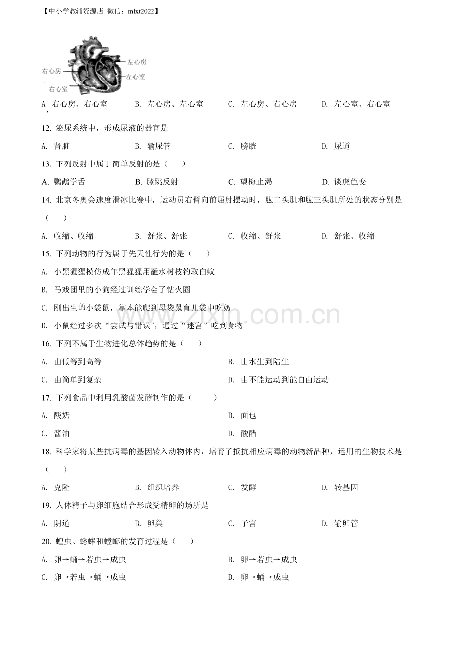 2022年黑龙江省牡丹江市中考生物真题（原卷版）.docx_第2页