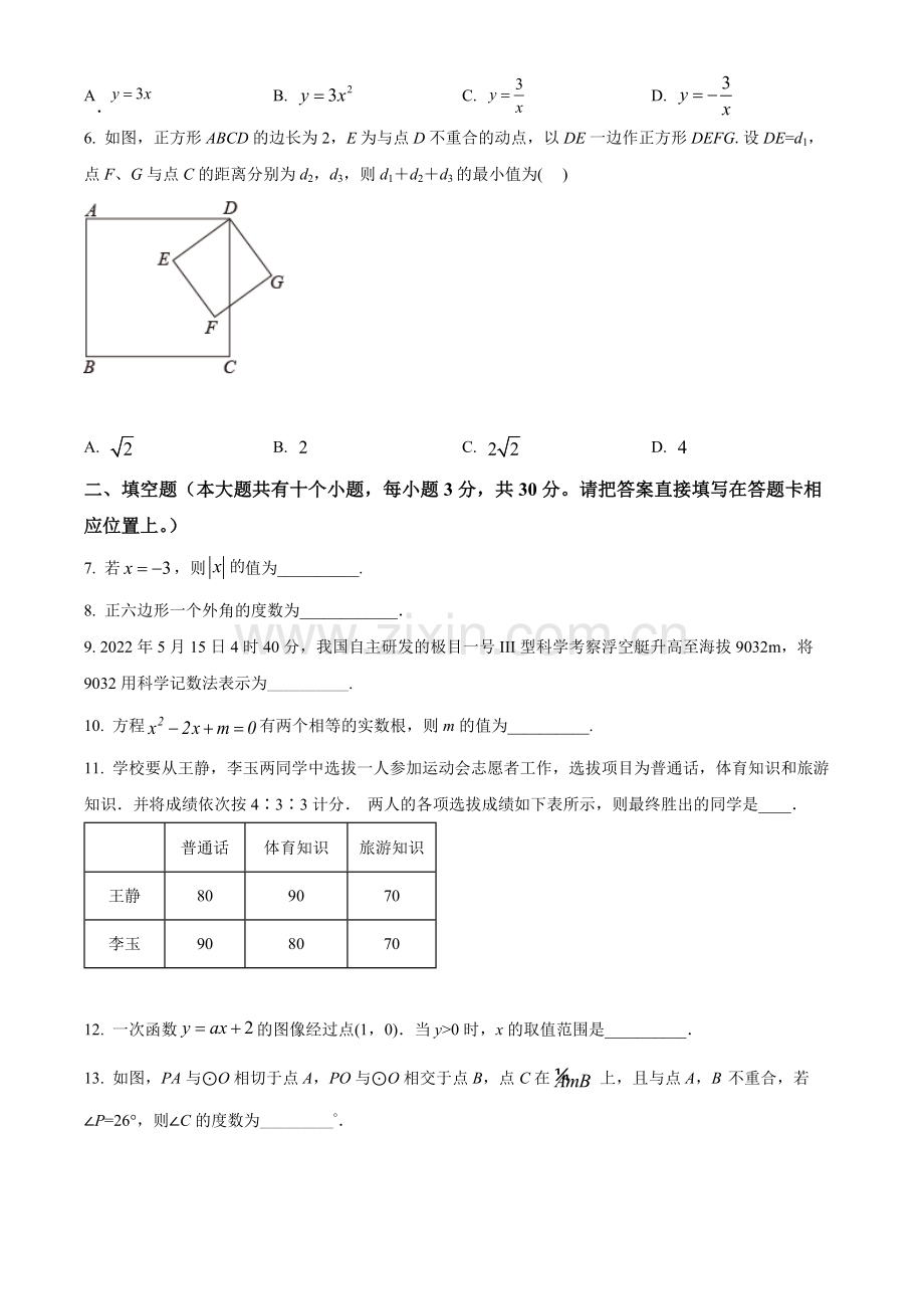 2022年江苏省泰州市中考数学真题（原卷版）.docx_第2页