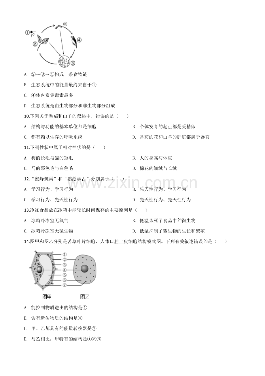 海南省2020年中考生物试题（原卷版）.doc_第2页