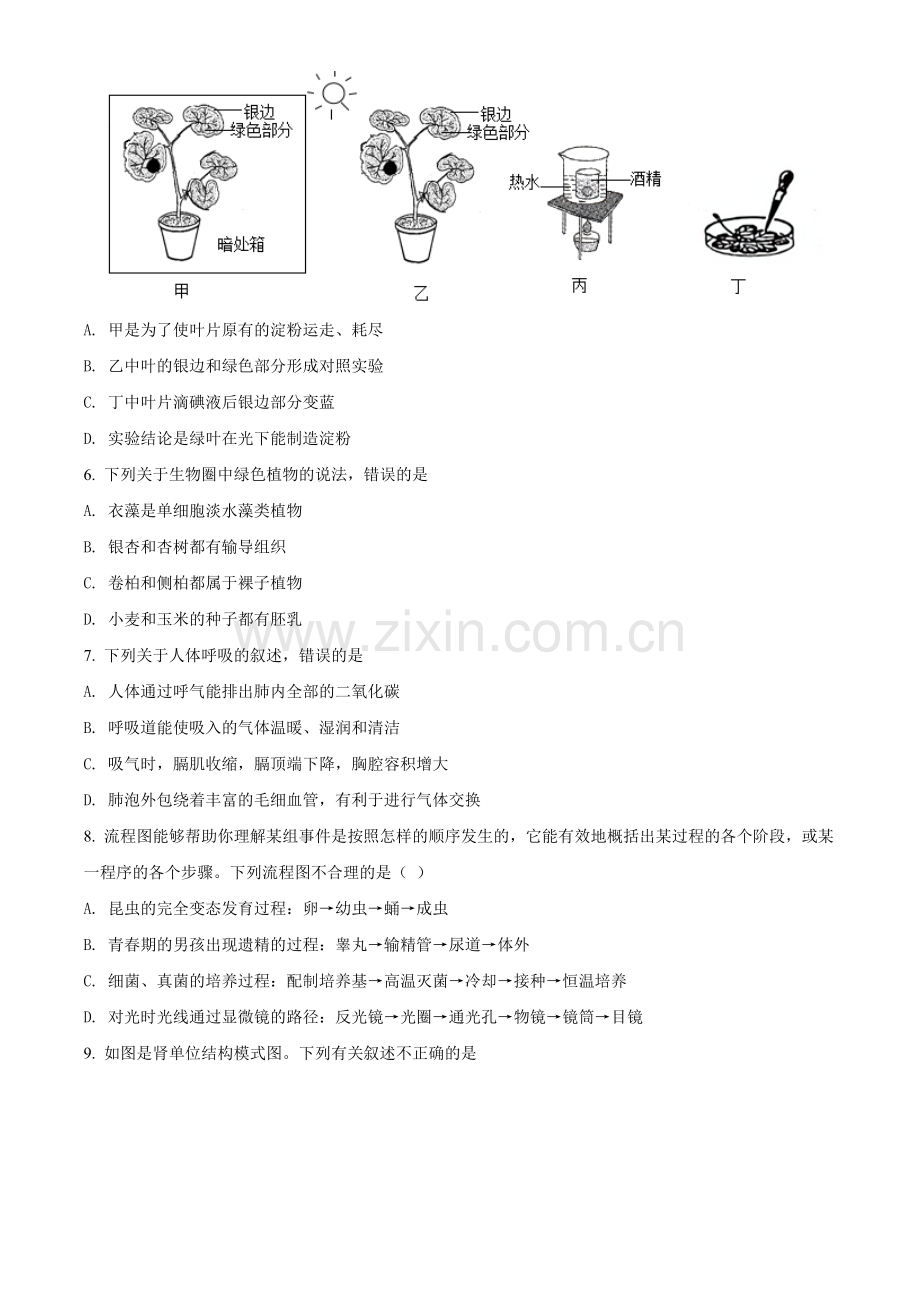 山东省淄博市2021年中考生物试题（原卷版）.doc_第2页