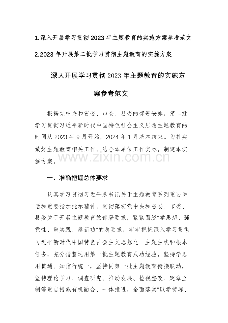 2023年开展第二批学习贯彻主题教育的实施方案参考范文2篇.docx_第1页